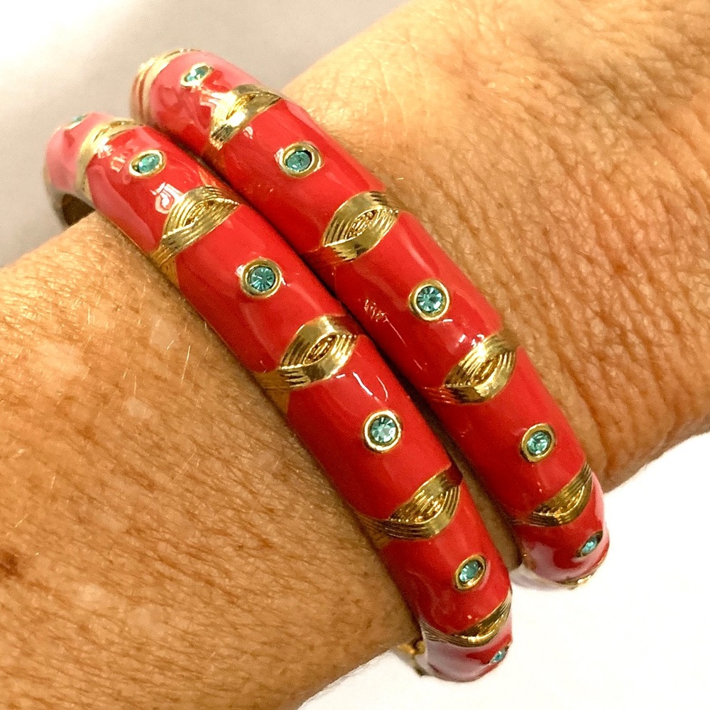 Enamel Coral and Gem Bangle